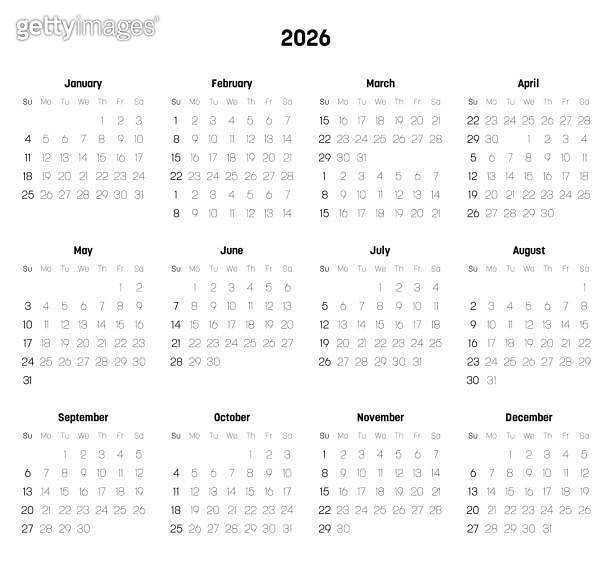 Monthly calendar of year 2026 이미지 (1344228224) 게티이미지뱅크