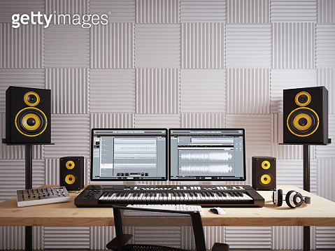 Audio workplace,recording studio,computer music studio.3d rendering 이미지 ...