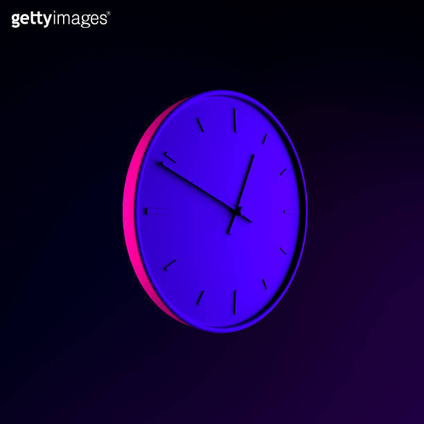 Wall round clock neon icon. 3d rendering ui ux interface element. Dark ...