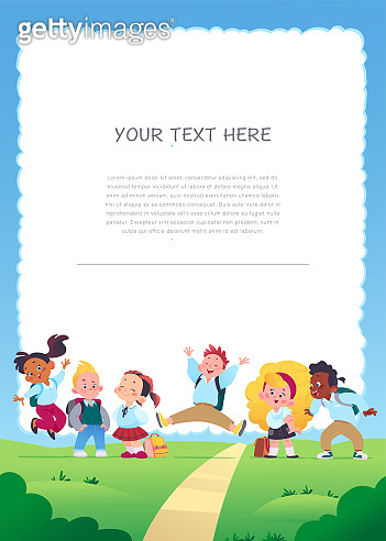 Vertical banner with multiracial happy school kids group with backpacks ...