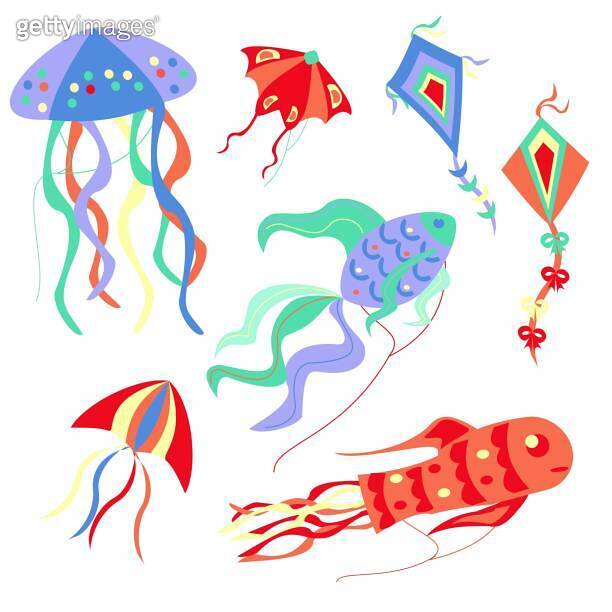 Flying paper kites, vector illustration. different shapes of paper