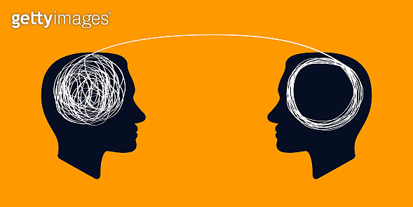 Icon Tangled Process concept icon showing silhouette of human heads with tangled line ...
