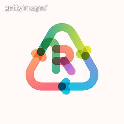 R letter line logo inside triangular shaped recycling symbol with ...