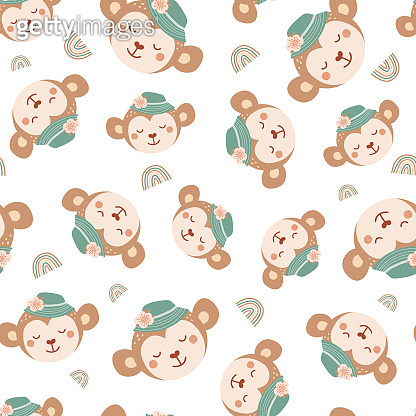 Seamless pattern with cute monkey in hat and rainbow. Background with