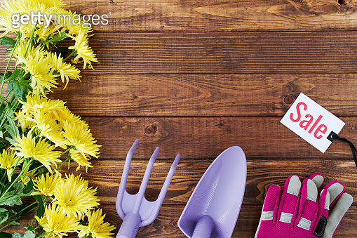 spring flat lay with sale label, gardening tools and gloves 이미지 ...