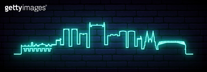 Blue neon skyline of Fortaleza. Bright Fortaleza City long banner ...