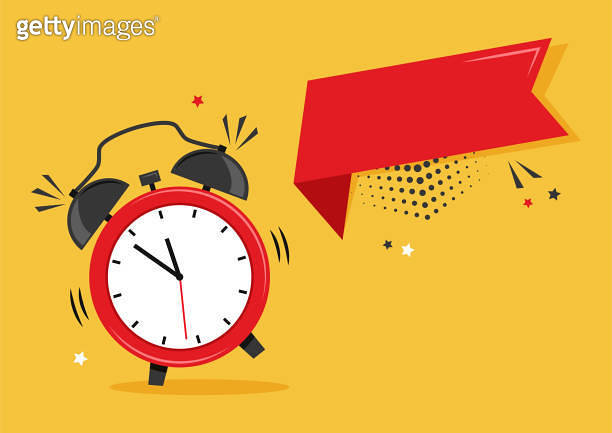 Comic vector cartoon alarm clock and ribbon banner on orange background ...