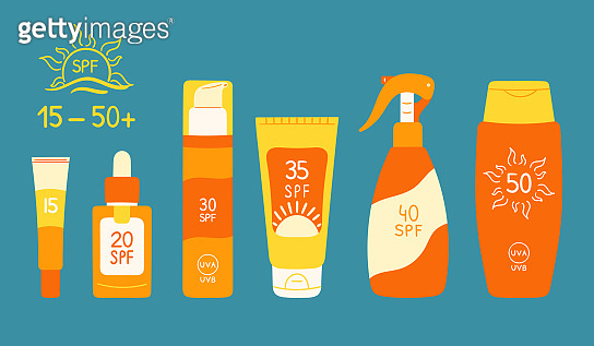 Set of sunscreen bottles, tubes with different SPF from 15 to 50 ...