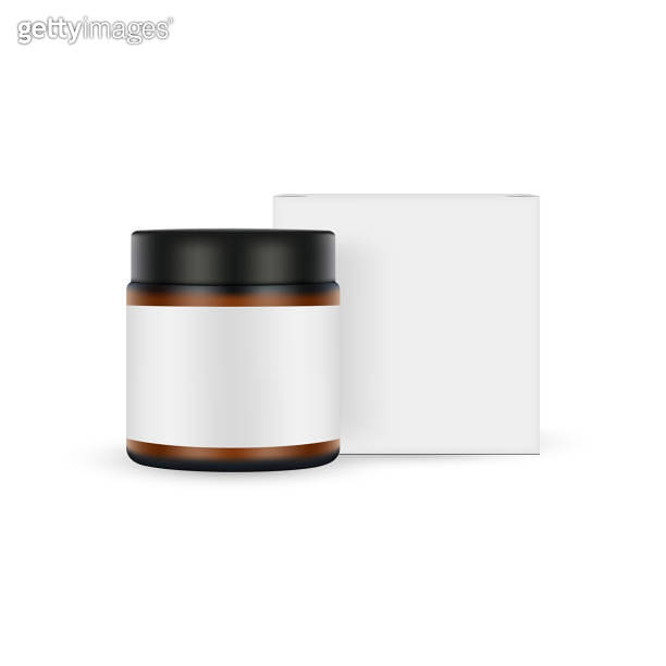 Amber Cosmetic Jar Mockup with Paper Packaging Box, Front View 이미지