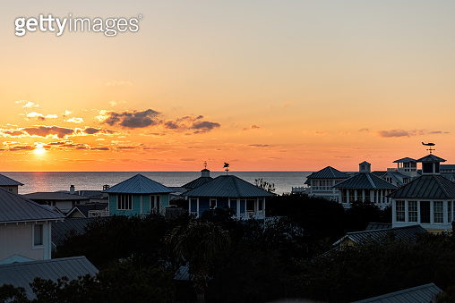 Aerial view on colorful yellow sunset sun with ocean landscape of Gulf ...