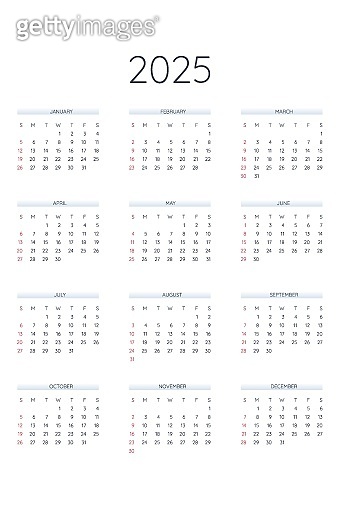 2025 calendar template in classic strict style. Monthly calendar