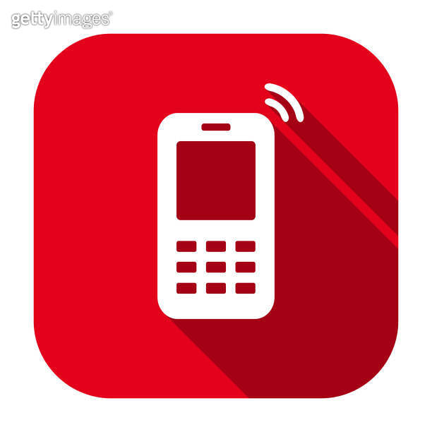 Red flat rounded square mobile phone icon, button with long shadow. 이미지 ...