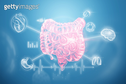 A holographic projection of a red irritable bowel scan with medical ...