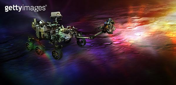 Rover on the dark side of Moon lighten by colorful light spots ...