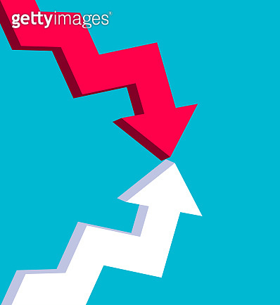 Rising arrow and falling arrow collide, business concept illustration ...