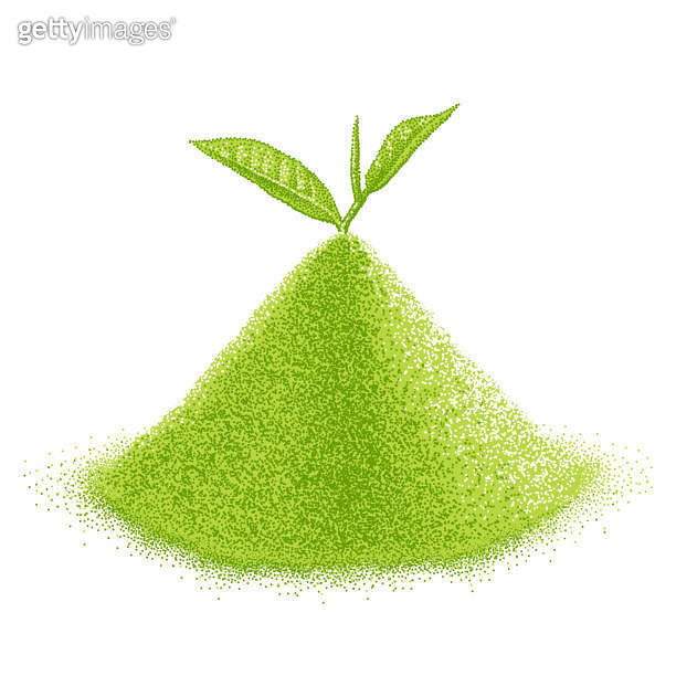 Pile of matcha tea powder with green leaves. Sprig, twig, branch on