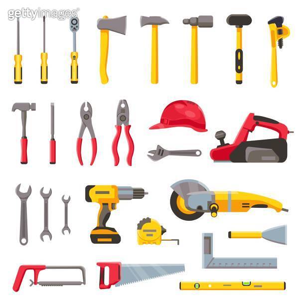Building tools. Construction hardware, screwdriver, hammer, saw and