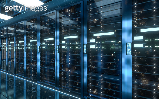 Server racks in computer network security server room data center, 3d ...