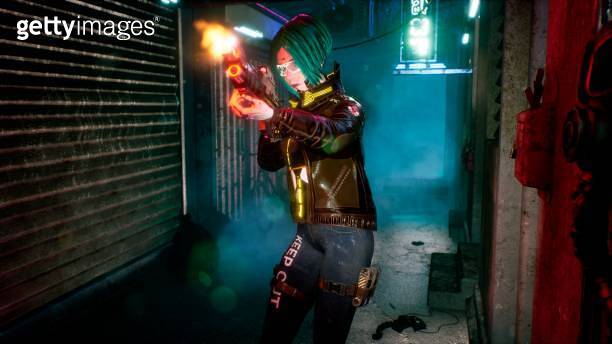Cyber Girl Shoots From A Fantastic Machine Gun On The Street Of The cyber-girl-shoots-from-a-fantastic-machine-gun-on-the-street-of-the