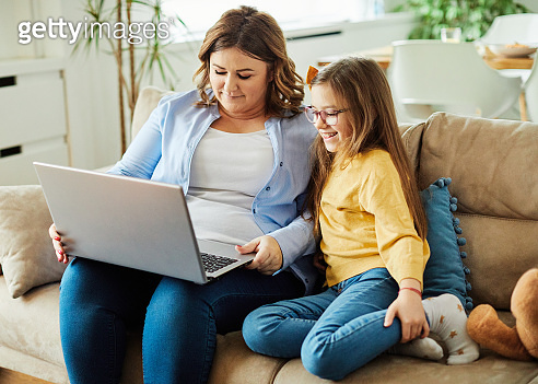 laptop computer education mother children daughter girl familiy ...