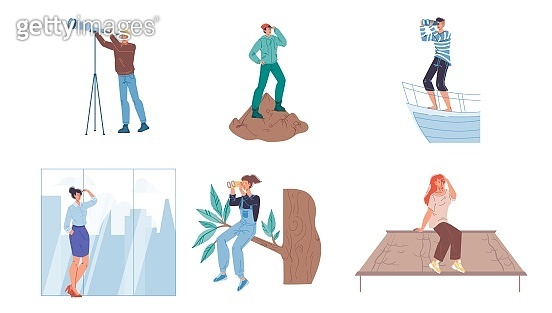 Flat cartoon characters look into distance set vector illustration ...