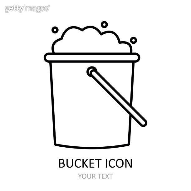 Vector illustration with bucket of soapy water icon. Outline symbol