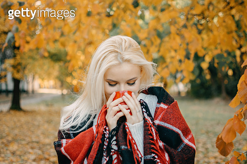 Beautiful blonde Woman with Autumn Leaves on Fall Nature Background ...