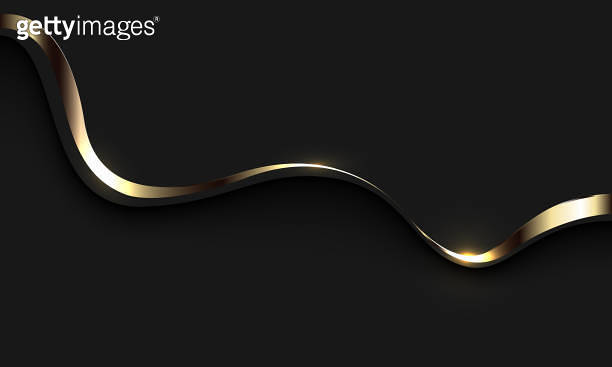 Abstract gold ribbon wave curve shadow on black with blank space design ...