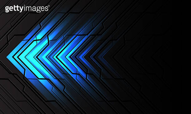 Abstract blue light arrow direction on dark grey metallic black line ...