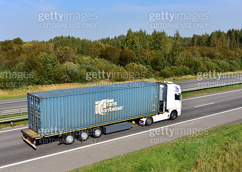 Transcontainer Semi Truck transport the sea container by PJSC «TransContainer» on ...