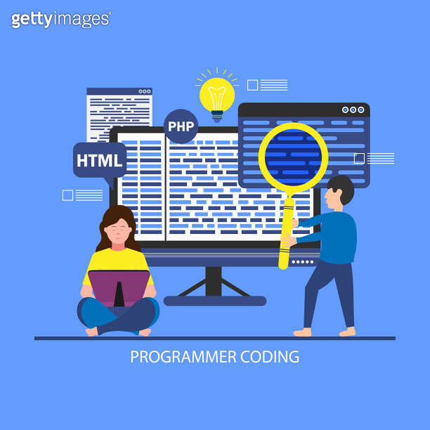 Developing programming and coding technologies. Young programmer coding ...