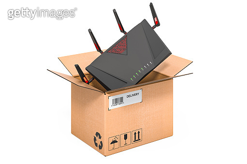 6G router inside cardboard box, delivery concept. 3D rendering isolated ...