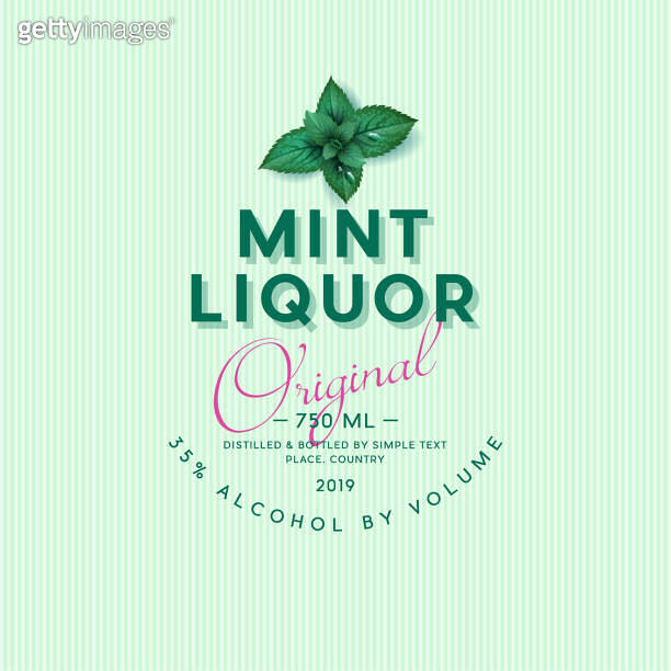 Mint liquor label. Peppermint liquor. Mint plants with dew drops