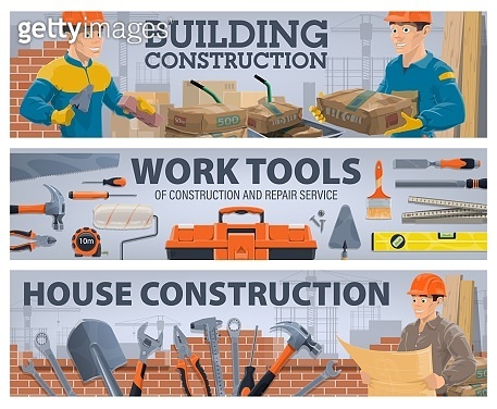 Construction worker and work tools vector banners 이미지 (1294089433) - 게티 ...