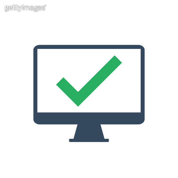 pc display with green check mark, task or process complete icon 이미지