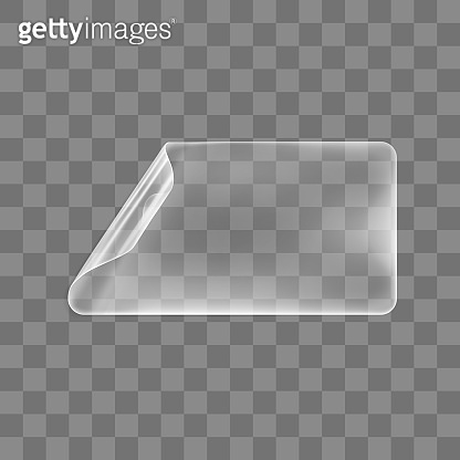 Transparent glued rectangle sticker with curled corner mock up. Blank ...