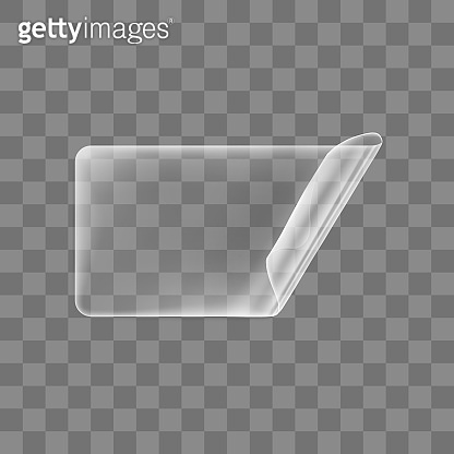 Transparent glued rectangle sticker with curled corner mock up. Blank ...