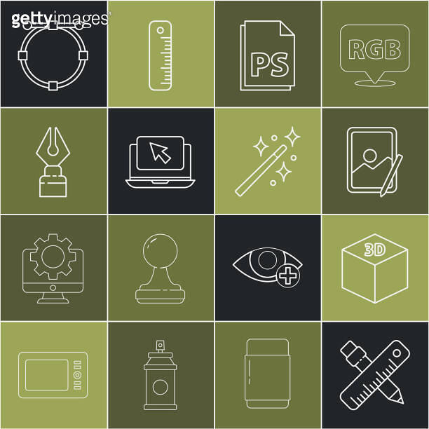 Set line Crossed ruler and pencil, Isometric cube, Graphic tablet, PS ...