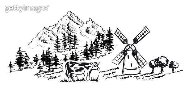 Mountain landscape. Cow in black. Windmill. Sketch style, Vector ...