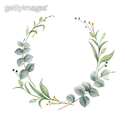 Watercolor vector wreath of green branches and leaves isolated on a ...