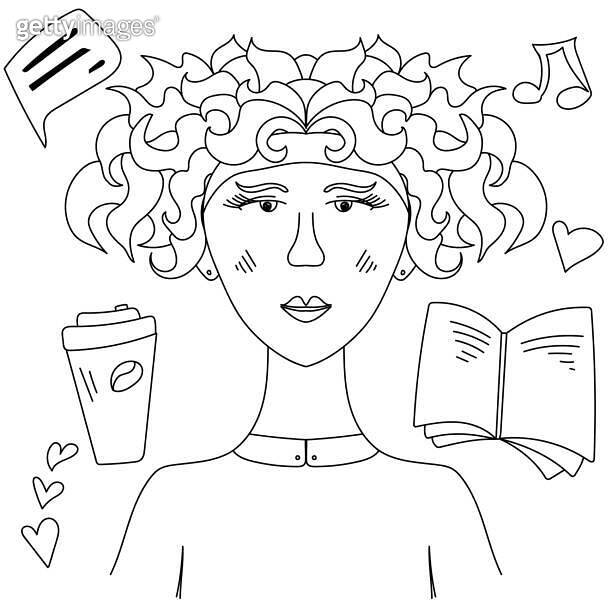 Portrait of a young girl, outline woman and characters of different ...