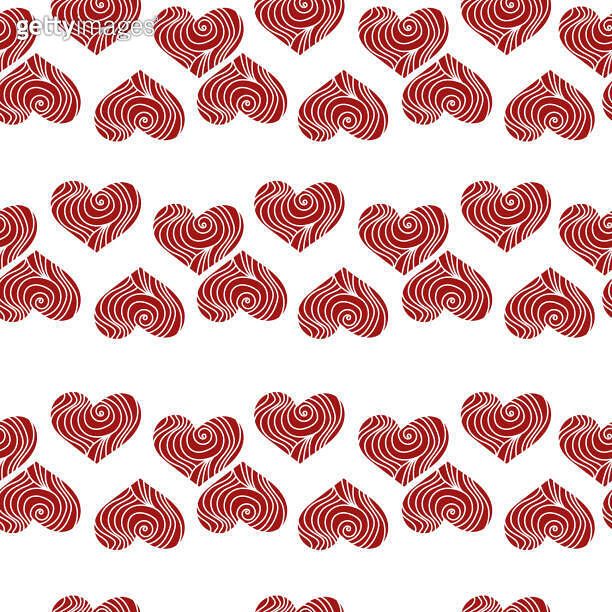 Seamless pattern of hearts with curls arranged in horizontal rows, dark ...