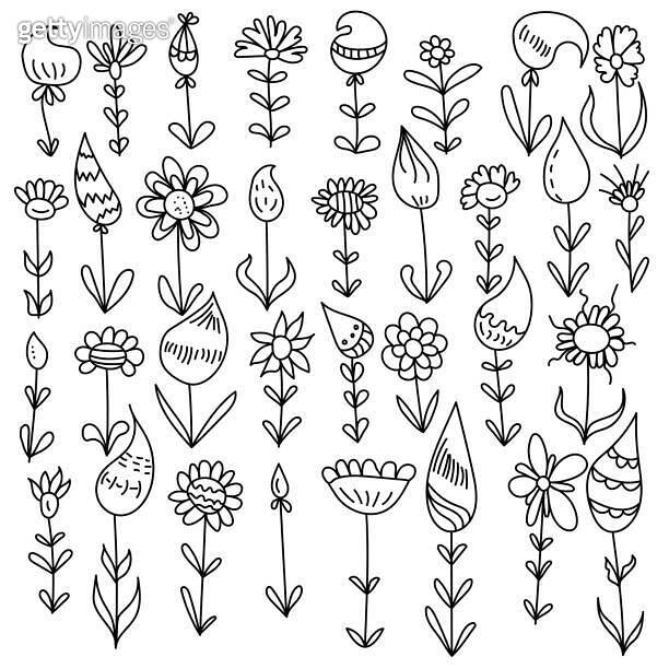 Set of doodle flowers with fantasy petals and leaves, floral elements
