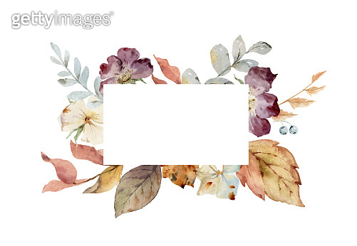 Watercolor vector autumn frame with leaves and branches isolated on a ...