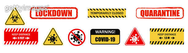 Warning signs. Lockdown, Quarantine signs. Coronavirus COVID-19 ...