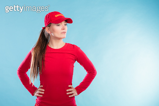 Portrait of lifeguard woman in red cap. 이미지 (1346161660) - 게티이미지뱅크