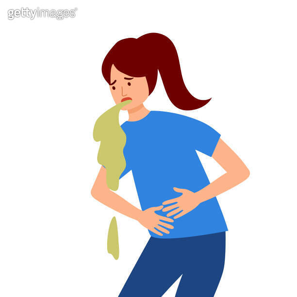 Woman suffering from vomit in flat design. Nausea throwing up from food