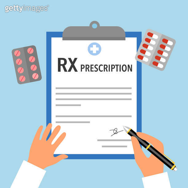 Doctor writing medical RX prescription form with medicine in flat ...