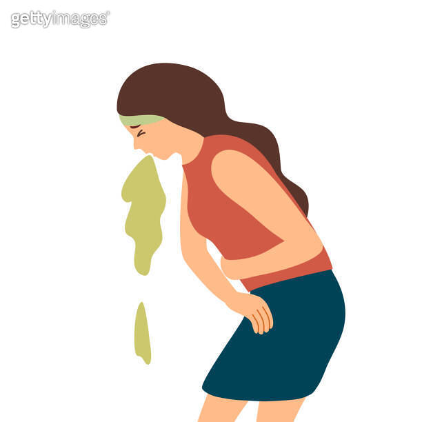 Woman suffering from vomit in flat design. Nausea throwing up from food