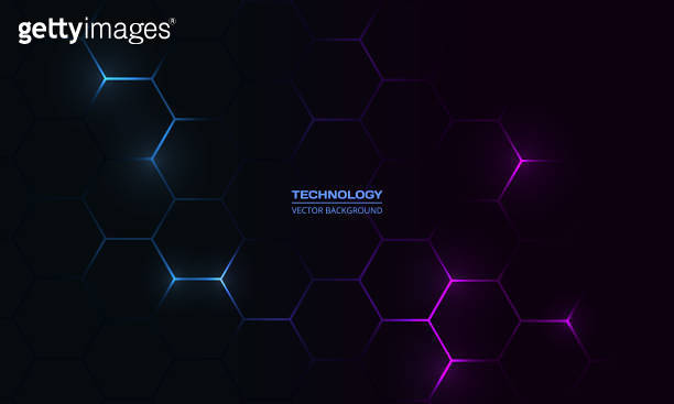 Dark hexagon abstract technology background with blue and pink colored ...